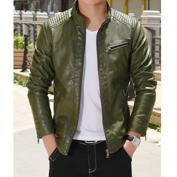 Army Green Faux Leather Military Jacket Slim Fit Moto Biker Bomber Jacket Coat
